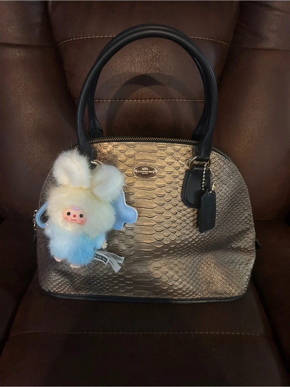 Coach Metallic Gold Textured Dome Satchel with Black Handles
